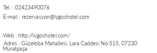 Lygos Hotel telefon numaralar, faks, e-mail, posta adresi ve iletiim bilgileri